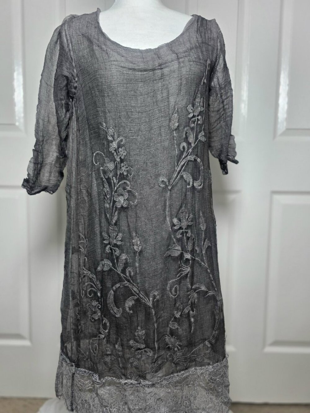 SOFT SURROUNDINGS IBIZA EMBROIDERED SHEER GREY CHIFFON MAXI SHIRT DRESS TALL LG